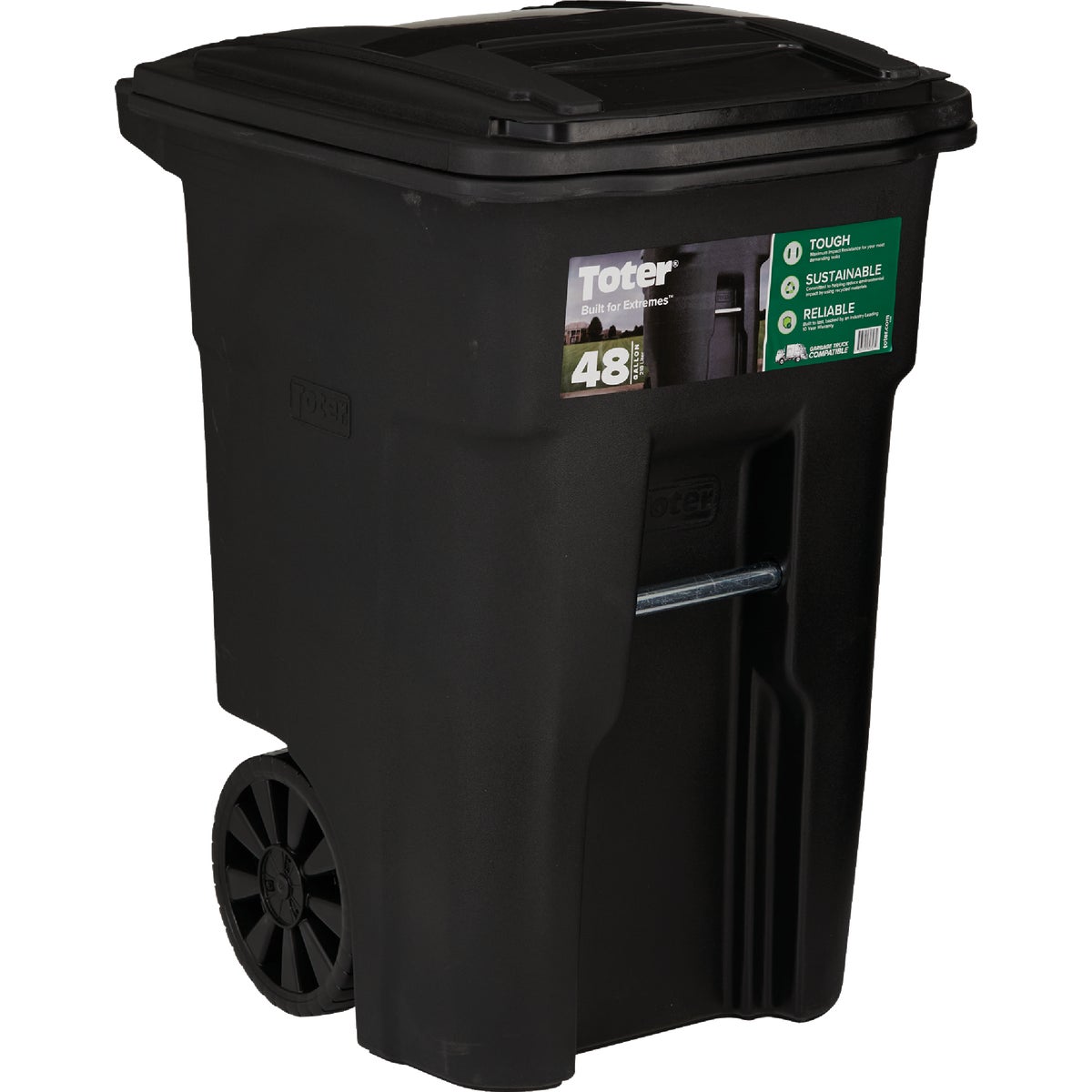 Toter 48 Gal. Black Outdoor Trash Can With Attached Lid and Wheels