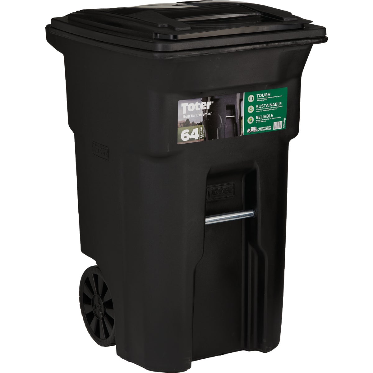 Toter 64 Gal. Black Outdoor Trash Can With Attached Lid and Wheels