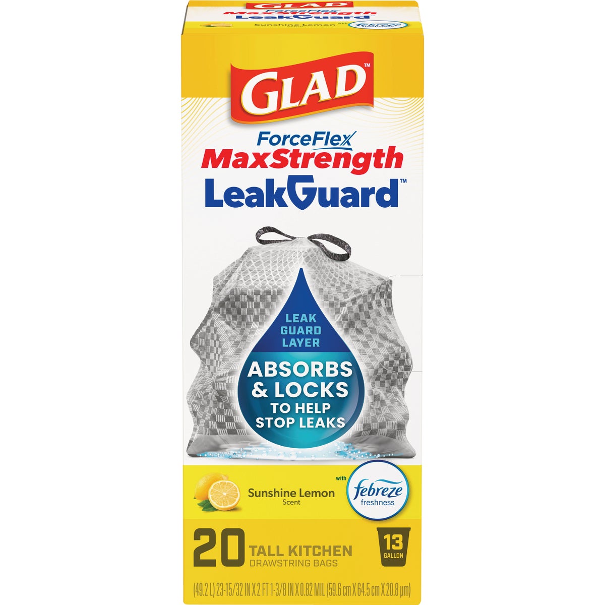 Glad 13 Gal. ForceFlex MaxStrength LeakGuard Tall Kitchen Drawstring Trash Bags, Sunshine Lemon Scent (20-Count)