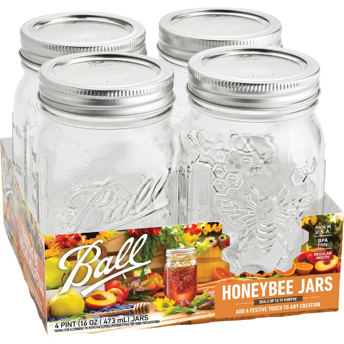 Ball 16 Oz. Regular Mouth Honeybee Keepsake Jar (4-Pack)
