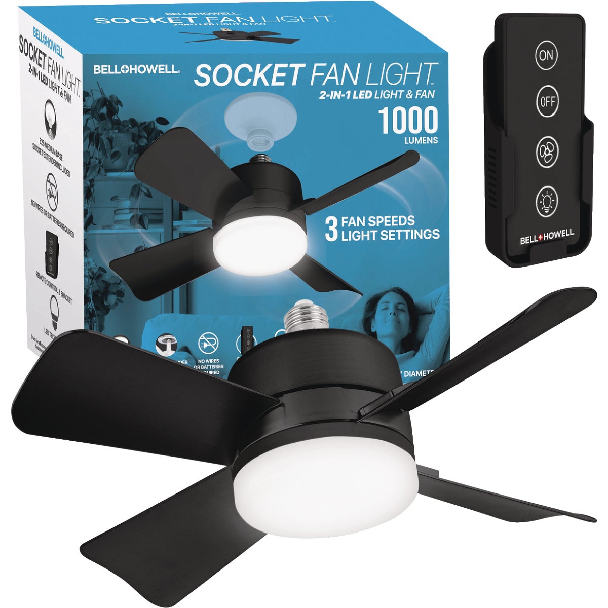 Bell + Howell Black Ceiling Socket Fan/Light