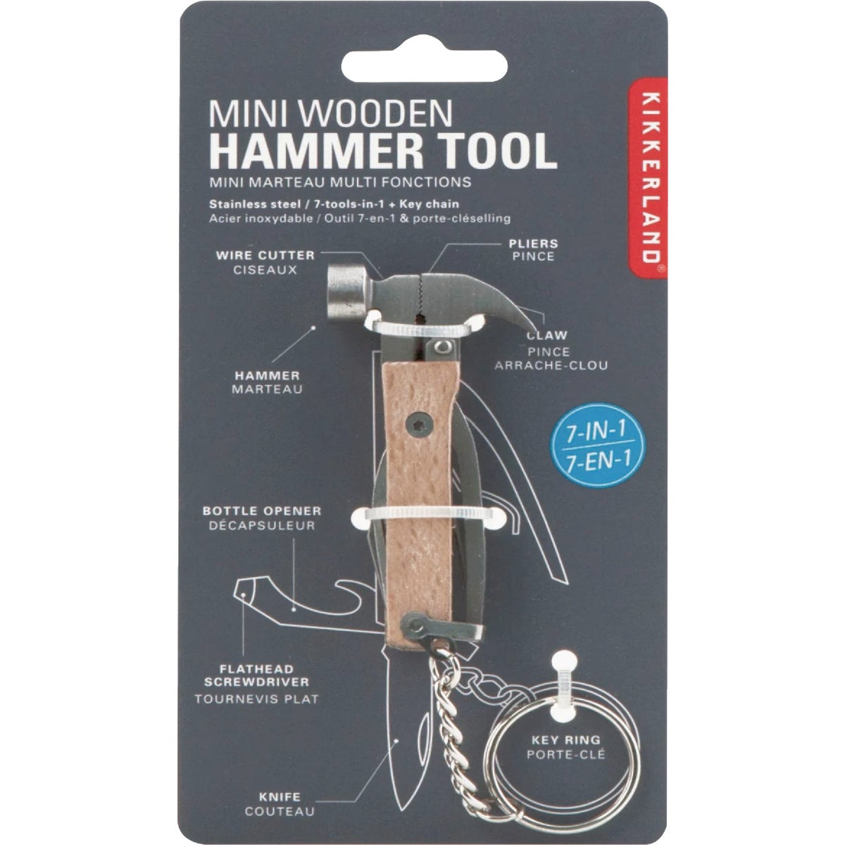 Kikkerland 7-In-1 Wood Mini Hammer Multi-Tool with Keyring