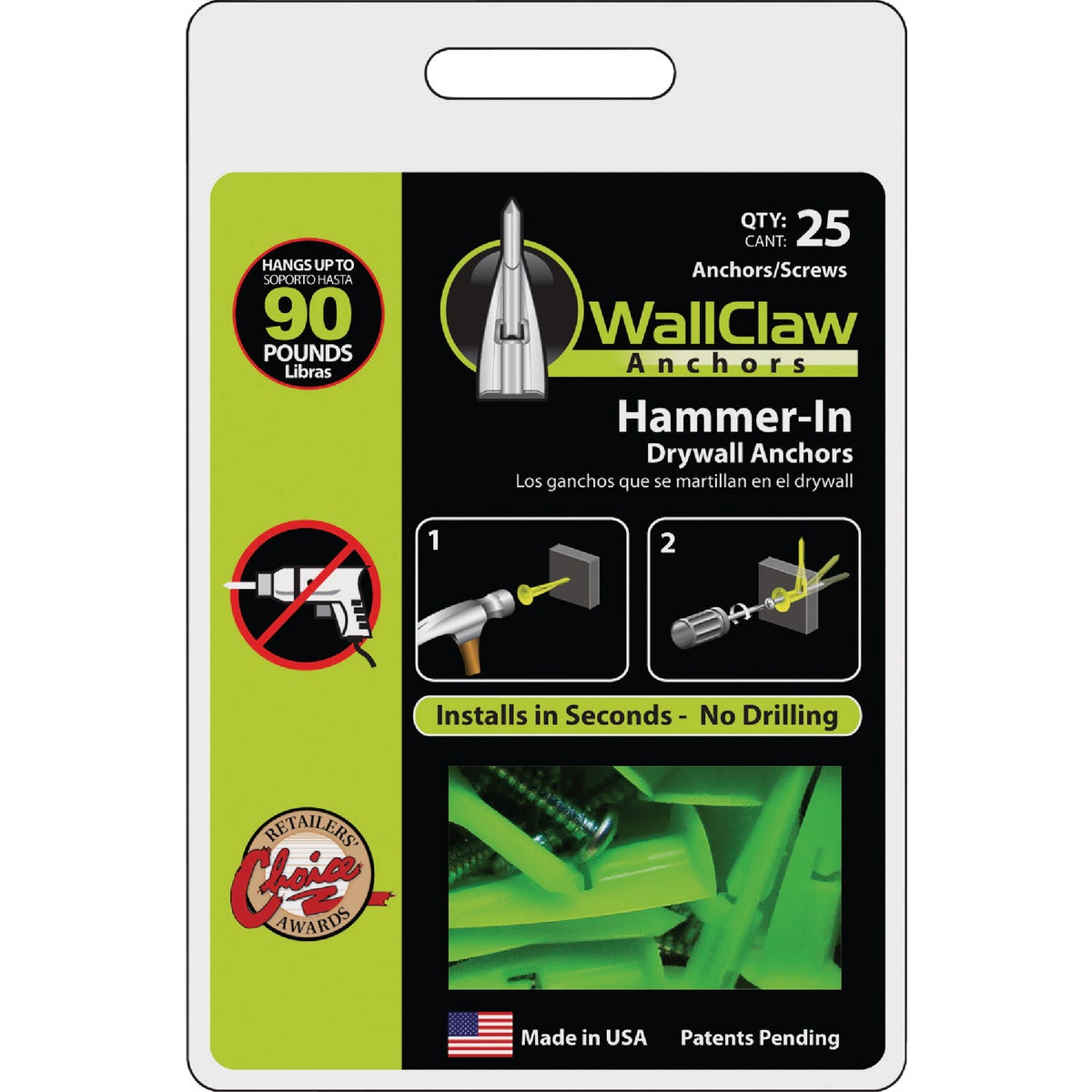 WallClaw Anchor #8 Thread x 1-1/4 In. Green Drywall Plastic Anchor (25 Ct.)