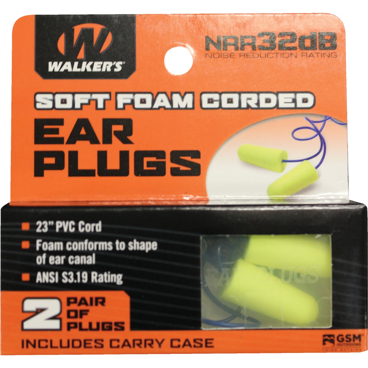 Walker's Soft Foam Corded Neon Yellow Ear Plugs (2-Pair)