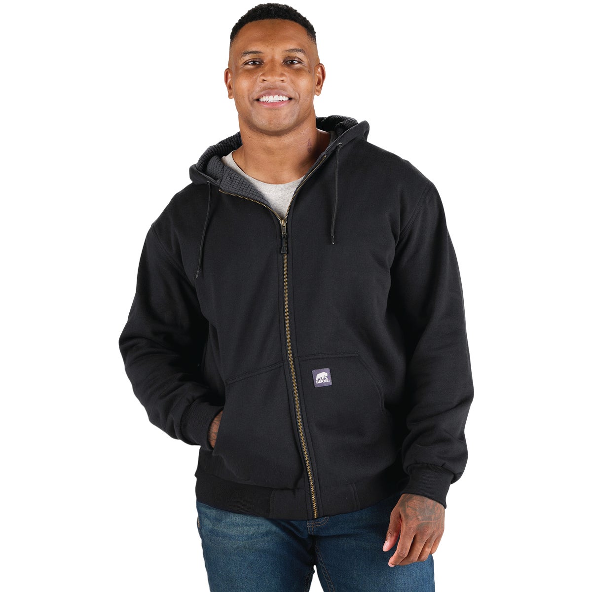 Berne Heritage Grid Medium Black Fleece-Lined Full-Zip Hooded Sweatshirt