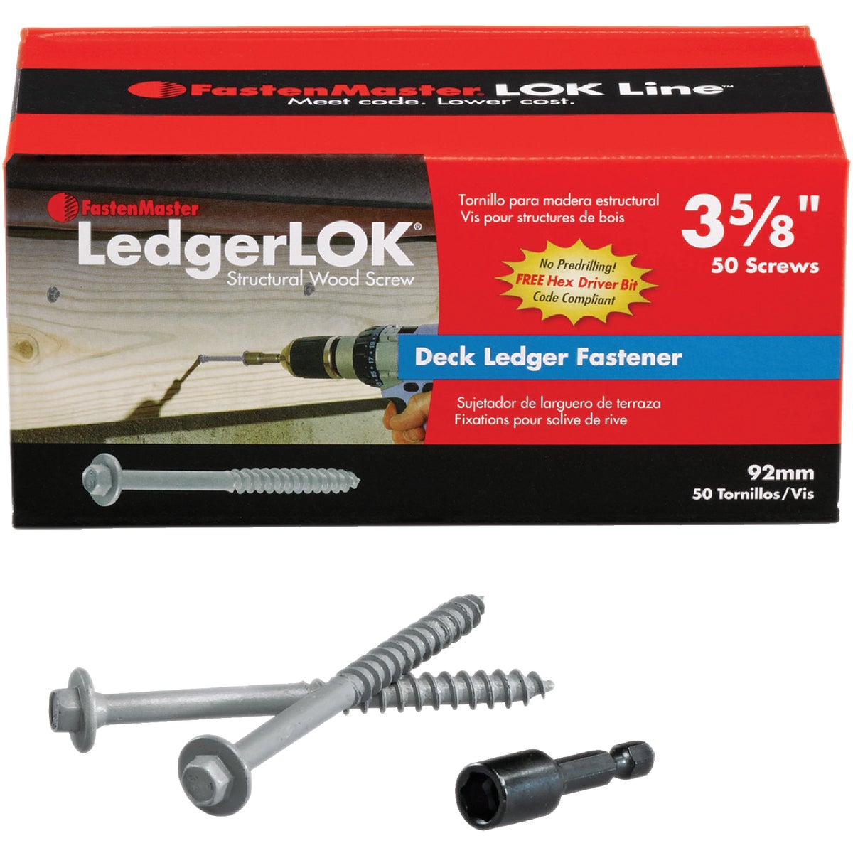 FastenMaster LedgerLok 0.305 In. x 3-5/8 In. Coarse Steel Hex-Head Ledger Board Fasteners (50 Ct. Box)