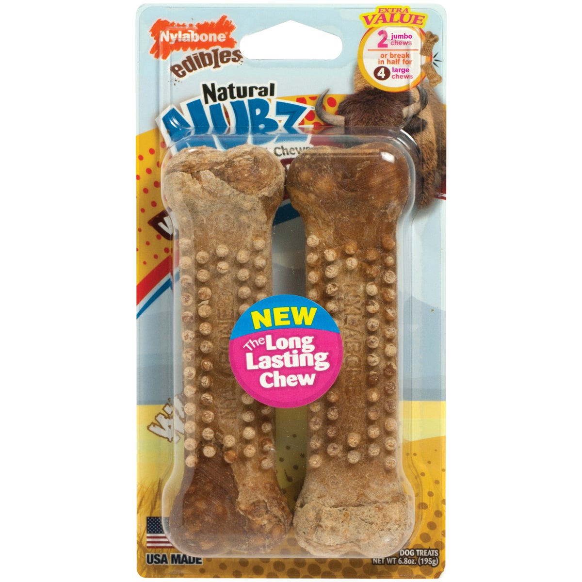 Nylabone Nubz Wild Natural Long Lasting Edible Bison Flavor XL Jumbo Dog Chews (2-Pack)