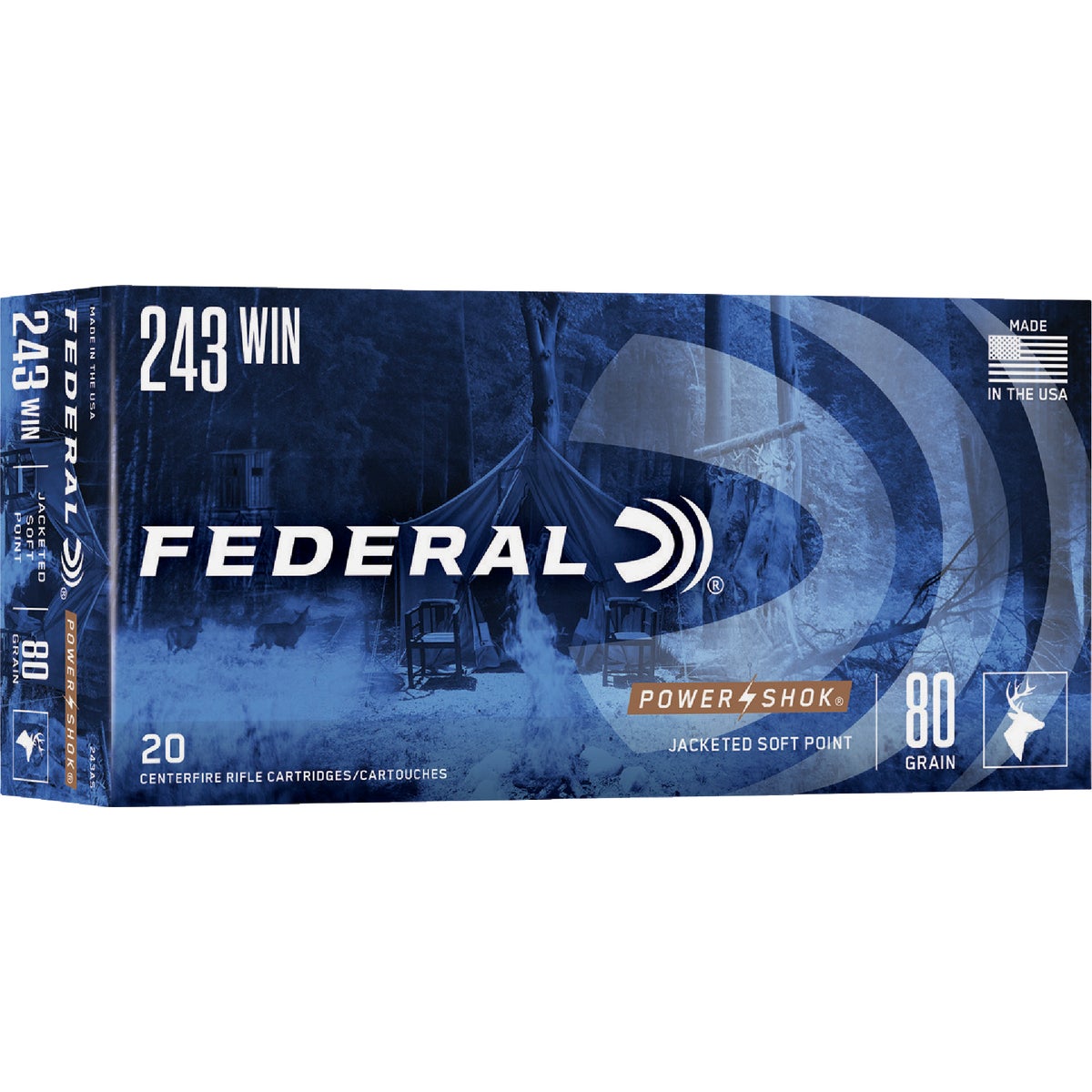 Federal Power Shok .243 Win 80 Grain Jacketed Soft Point Centerfire Ammunition Cartridges