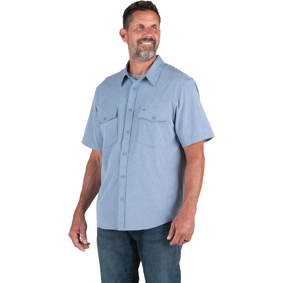 Berne Flex180 Men's Medium Chambray Blue UPF Button Down Short Sleeve Shirt