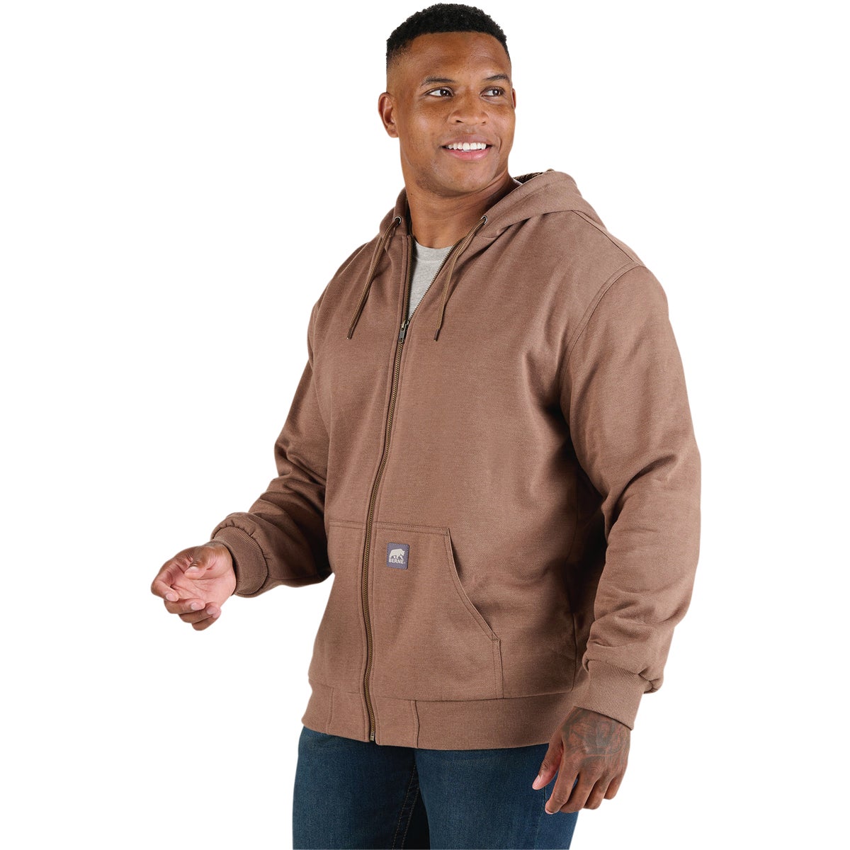 Berne Heritage Grid Medium Heathered Driftwood Fleece-Lined Full-Zip Hooded Sweatshirt