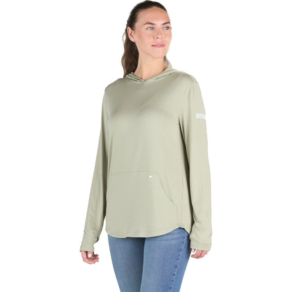 Berne Women's Medium Heathered Seagrass Long Sleeve Hooded UPF Sun Shirt