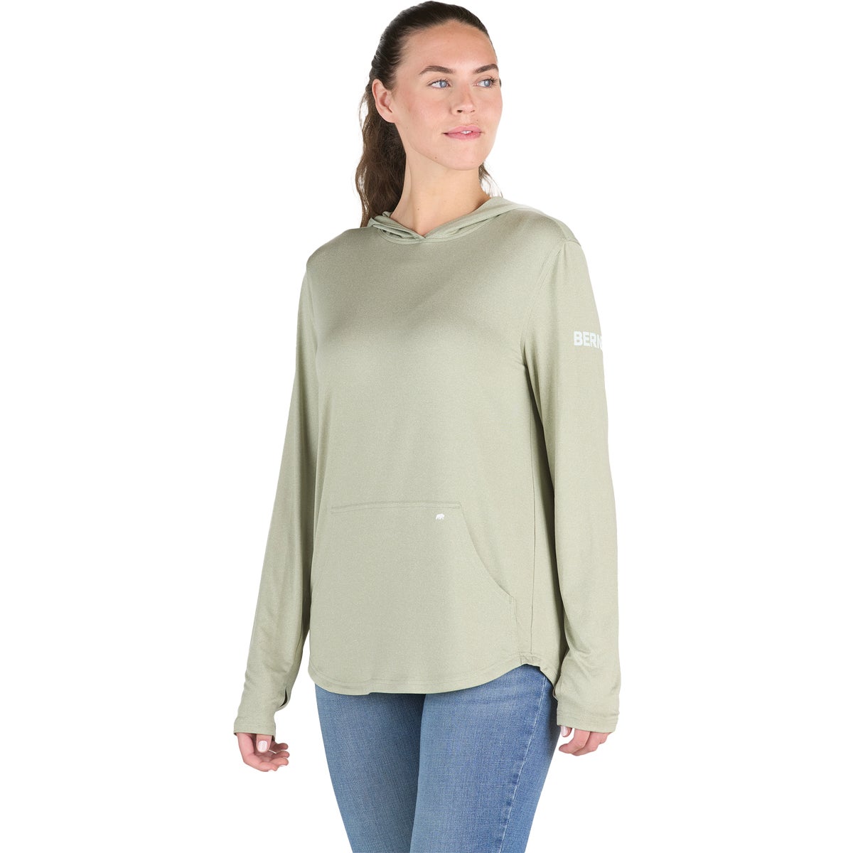 Berne Women's Large Heathered Seagrass Long Sleeve Hooded UPF Sun Shirt
