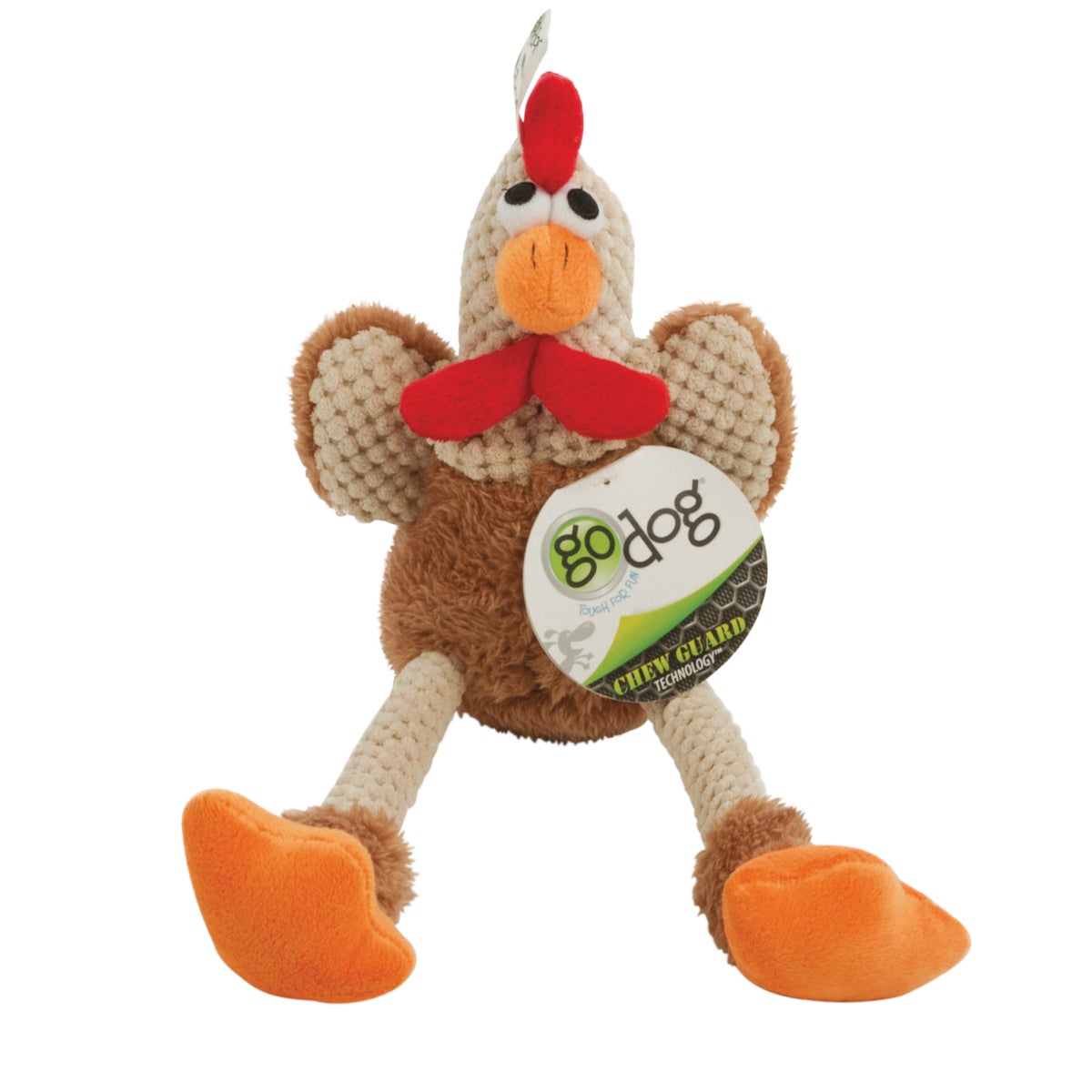 goDog Checkers Small Brown Skinny Rooster Squeaky Plush Dog Toy