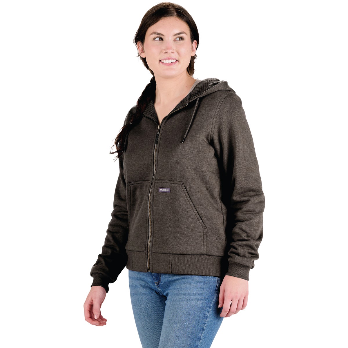 Berne Heritage Women's Medium Graphite Heather Grid Fleece-Lined Full-Zip Hooded Sweatshirt