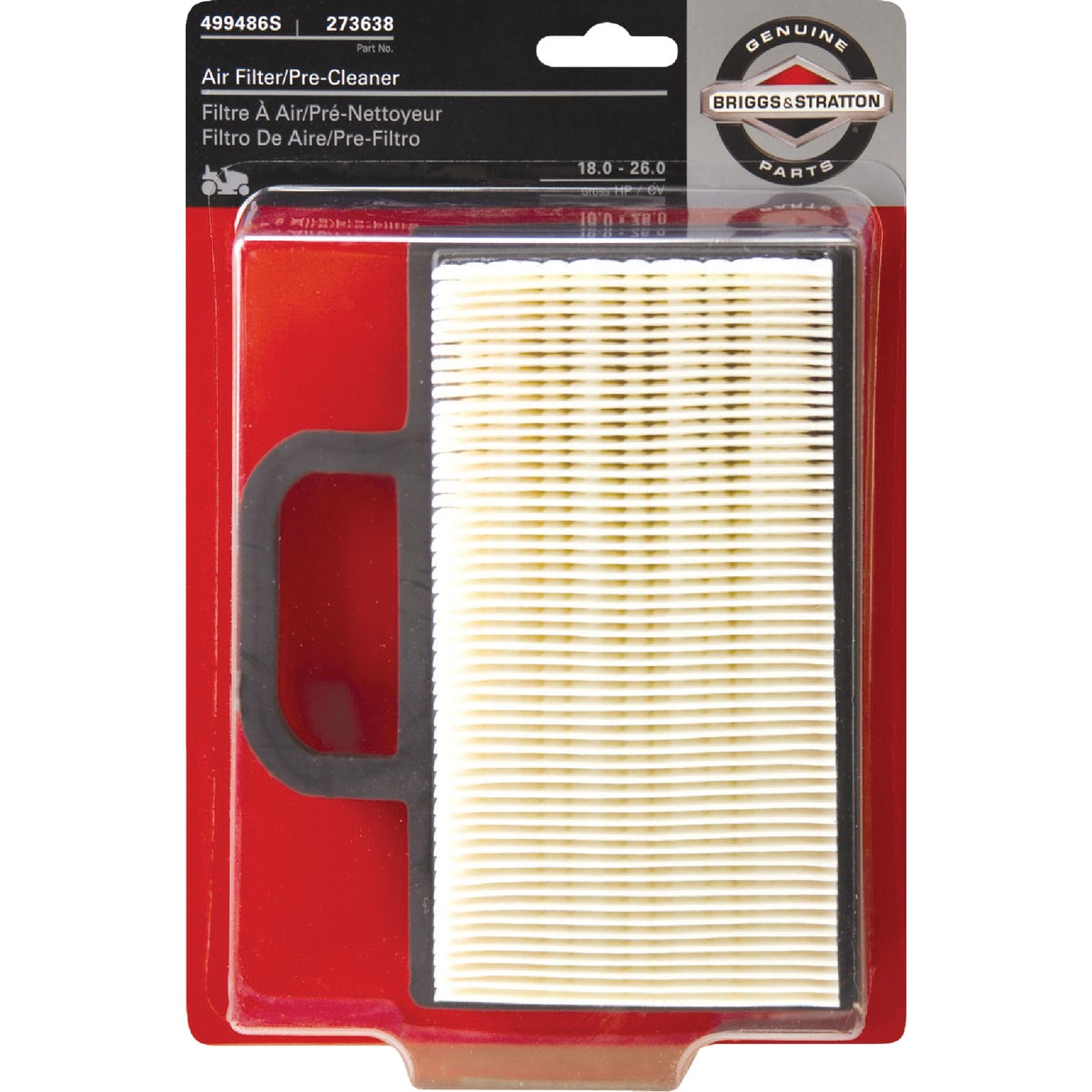 Briggs & Stratton 499486S 18 To 26 HP Intek Engine Air Filter With 273638S Pre-Cleaner