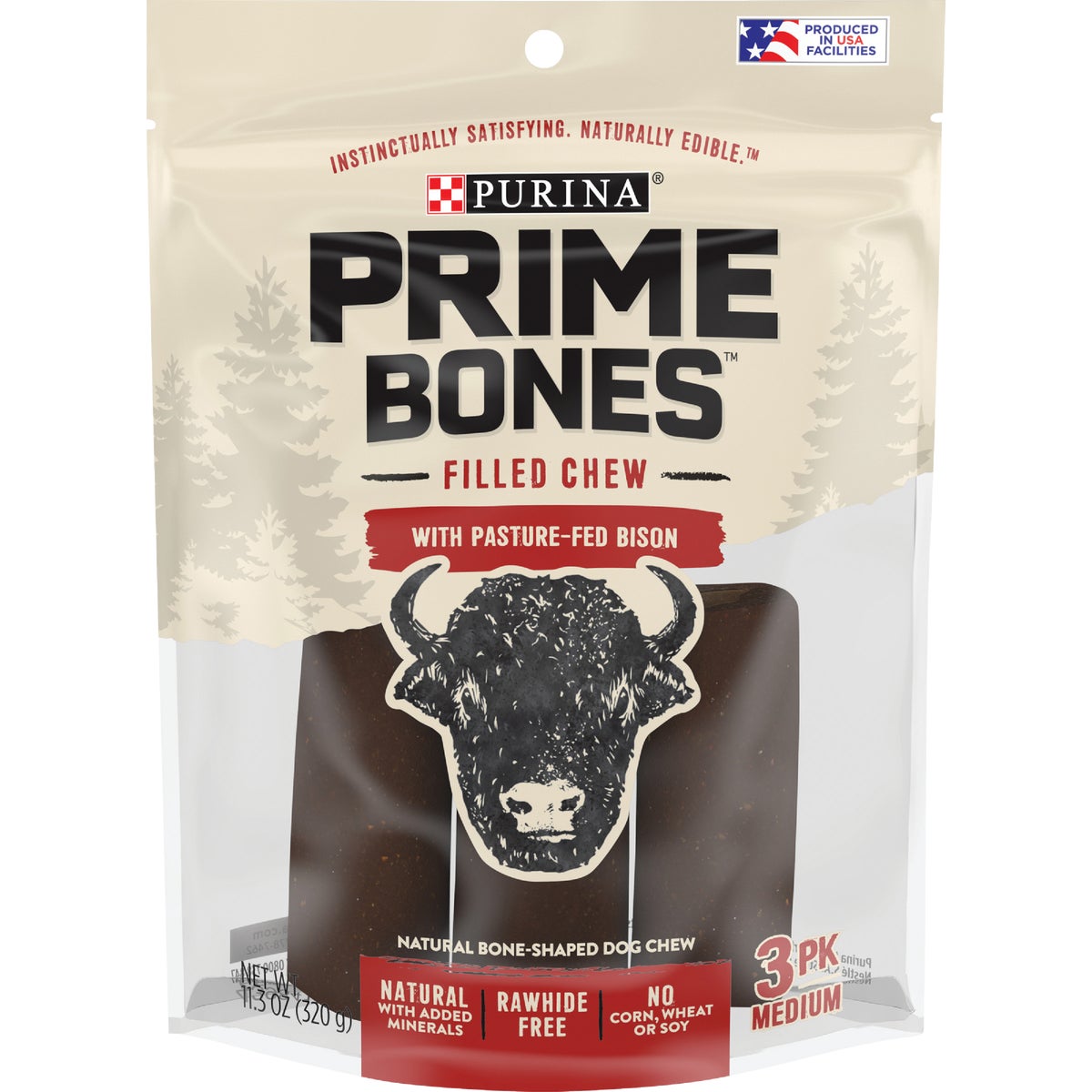 Purina Prime Bones Medium Bison Flavor Filled Chew Dog Treat (3-Pack)