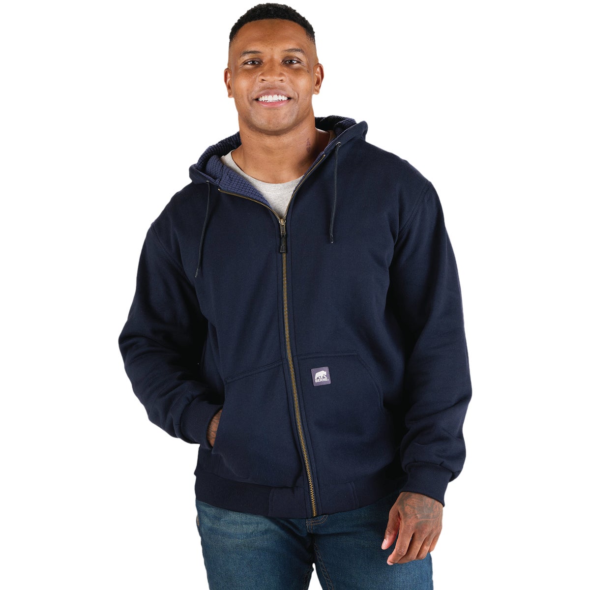Berne Heritage Grid Medium Navy Fleece-Lined Full-Zip Hooded Sweatshirt