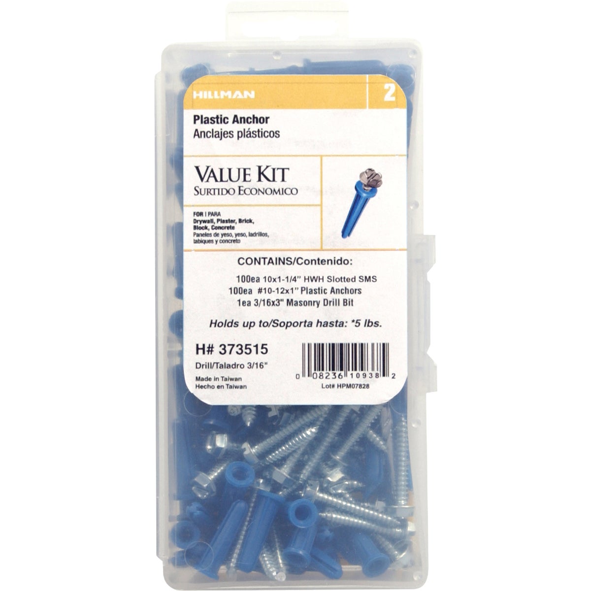 Hillman #10 - #12 Thread x 1 In. Hex Washer Head Blue Plastic Anchor Kit 