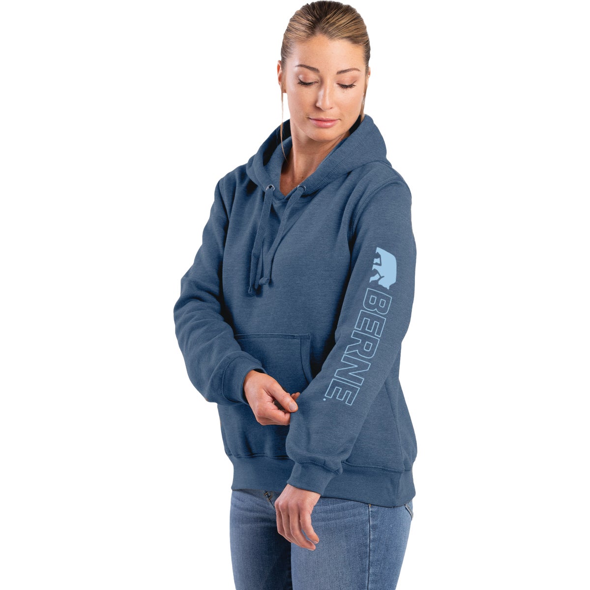 Berne Small Steel Blue Women's Signature Sleeve Pullover Hooded Sweatshirt