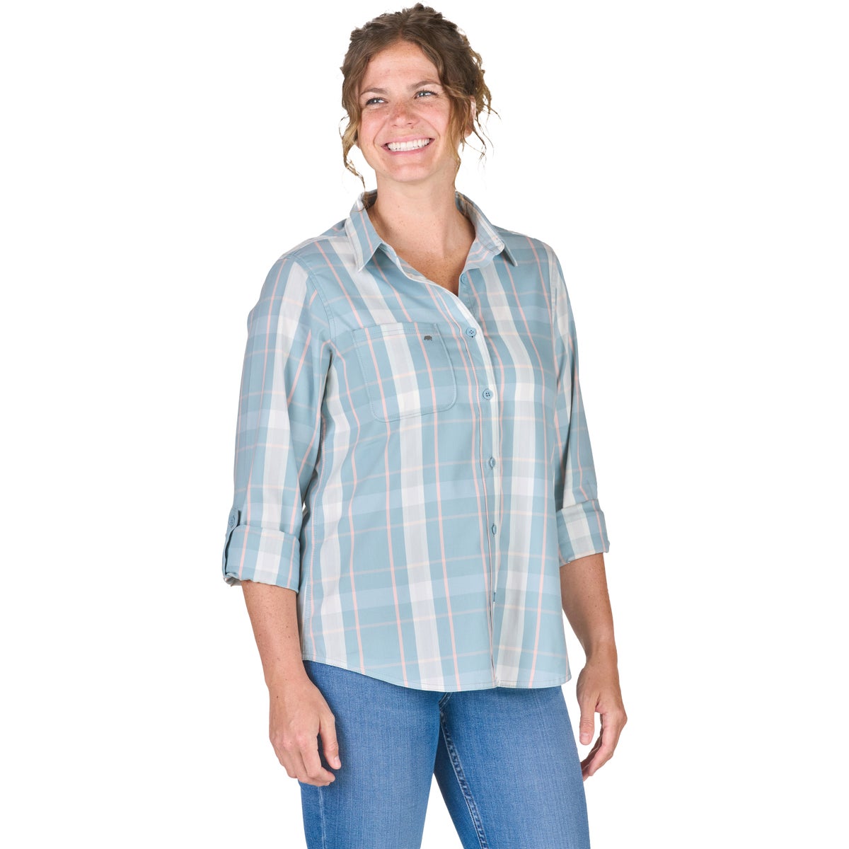 Berne Flex180 Women's Small Plaid Eggshell Blue UPF Button Down Long Sleeve Shirt