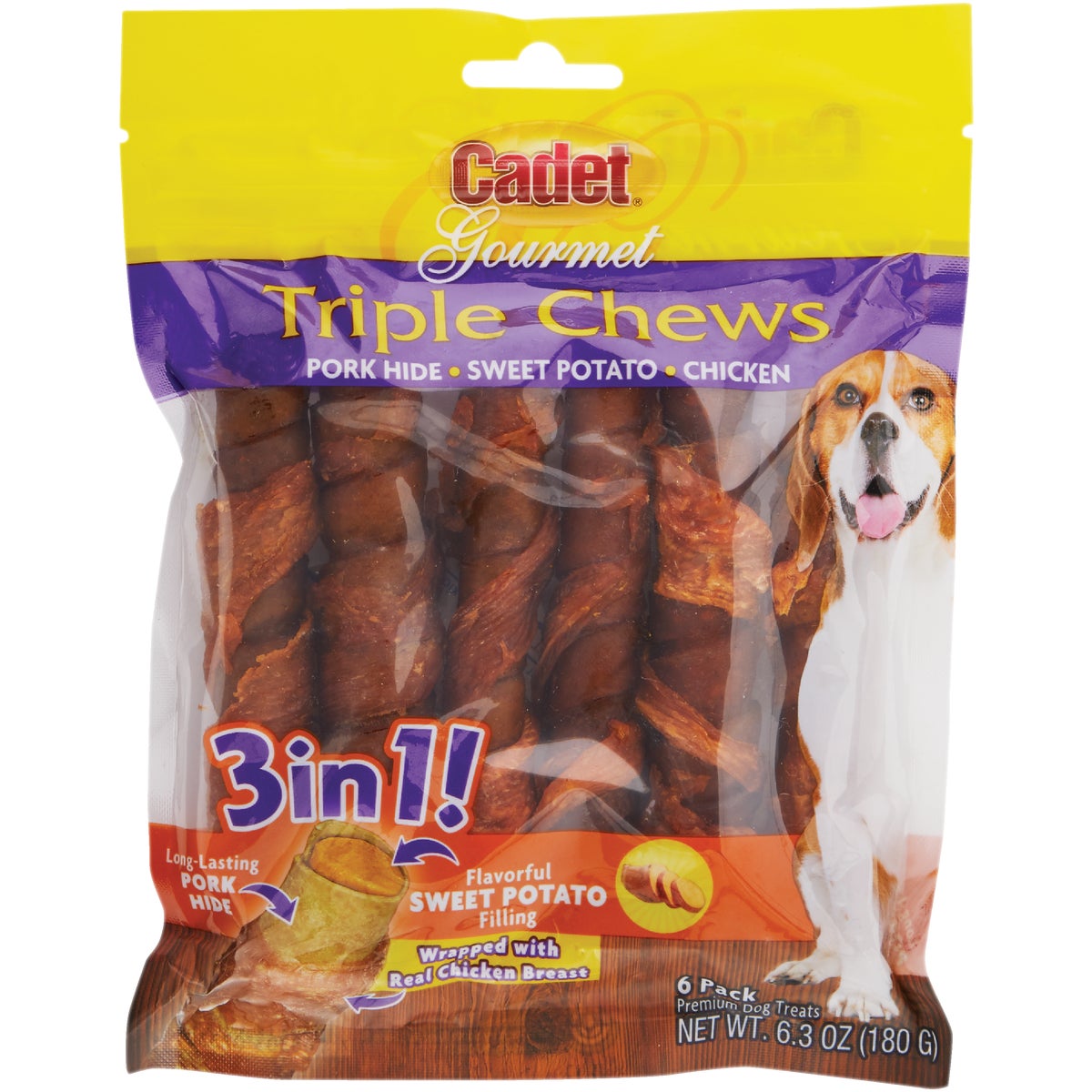 Cadet Chicken & Sweet Potato Gourmet Triple Chews Pork Hide Twists (6-Pack)