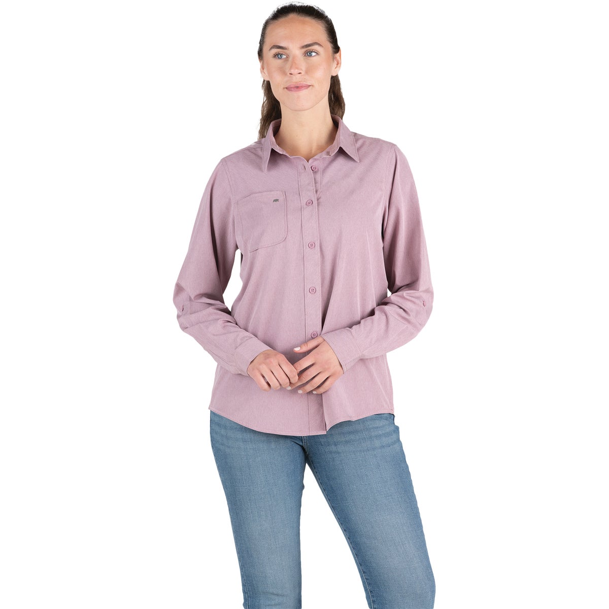 Berne Flex180 Women's Large Heathered Elderberry UPF Button Down Long Sleeve Shirt