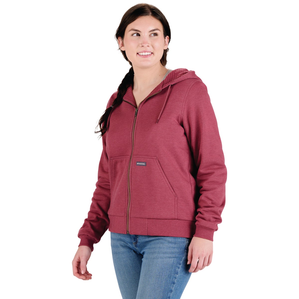 Berne Heritage Women's Medium Sangria Grid Fleece-Lined Full-Zip Hooded Sweatshirt