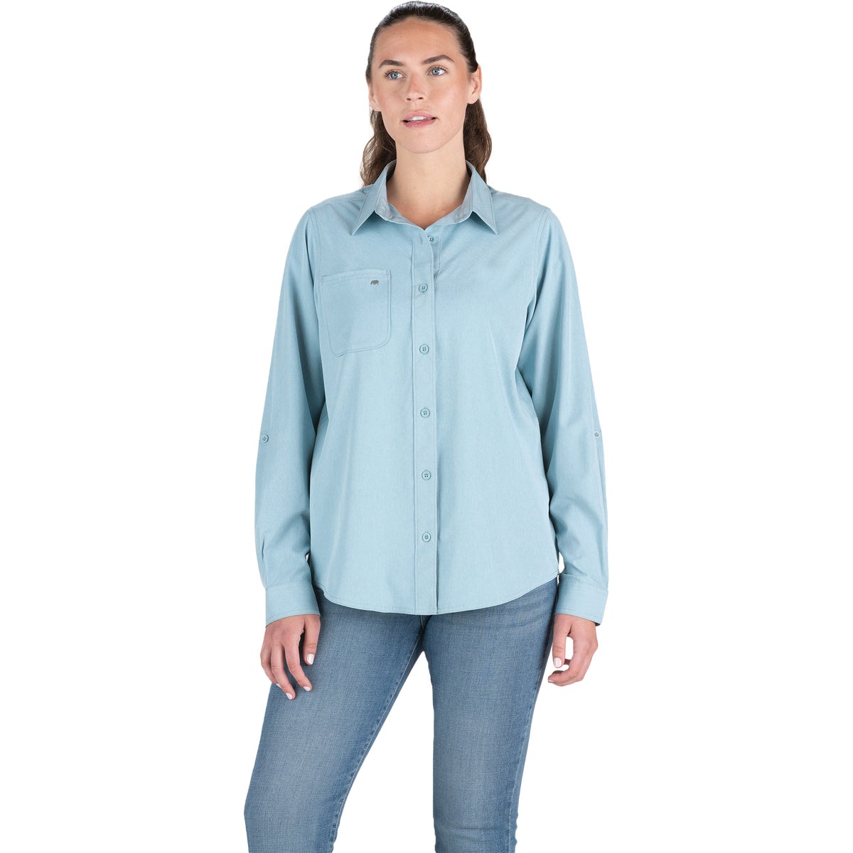 Berne Flex180 Women's Large Heathered Eggshell Blue UPF Button Down Long Sleeve Shirt