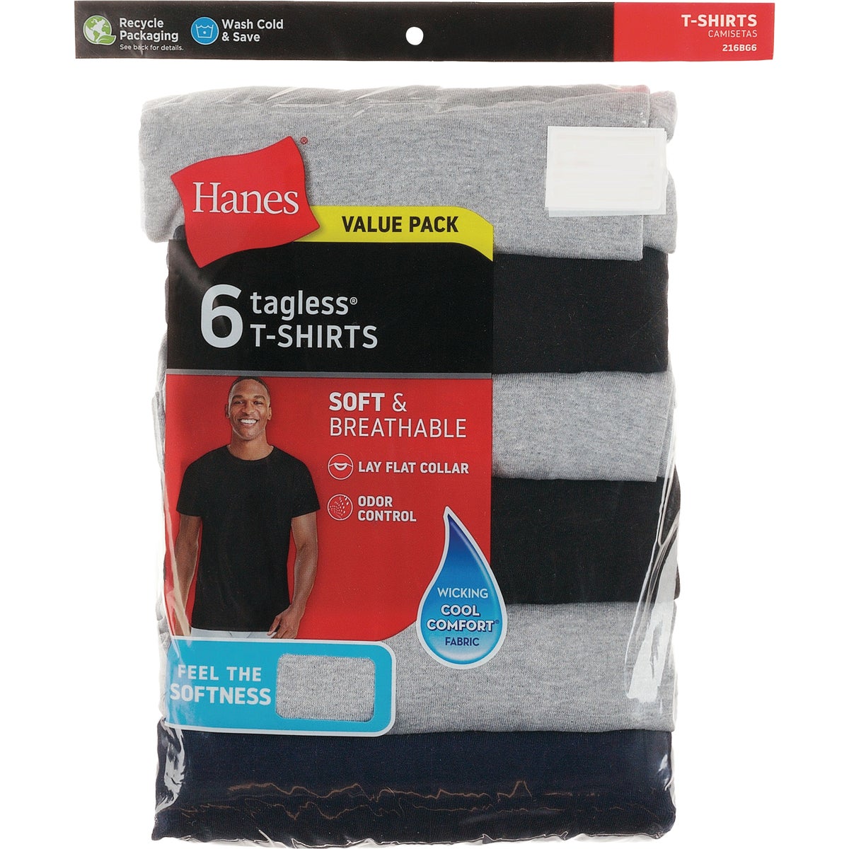 Hanes 2XL Black & Gray Cotton Crew T-Shirt (6-Pack)