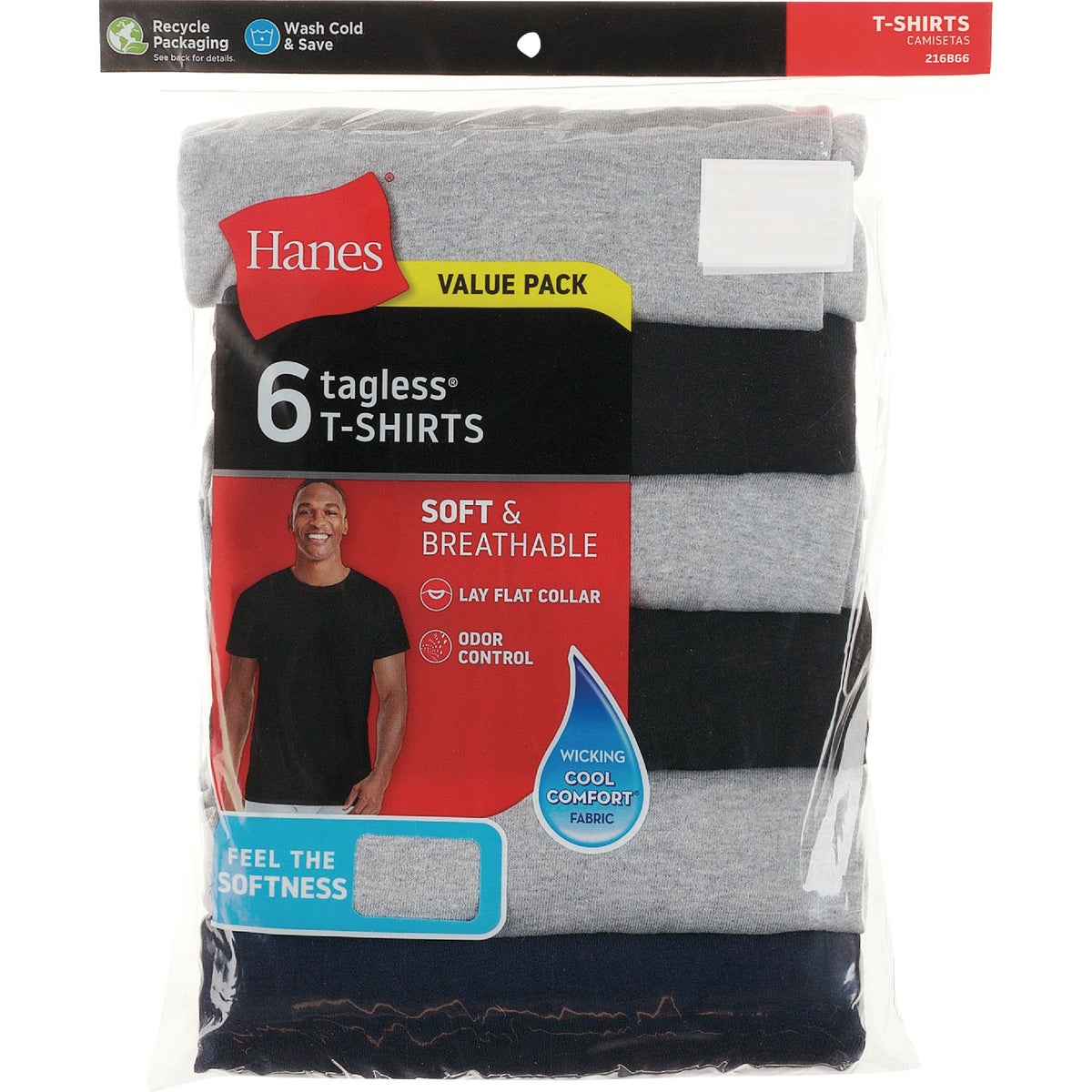 Hanes 3XL Black & Gray Cotton Crew T-Shirt (6-Pack)