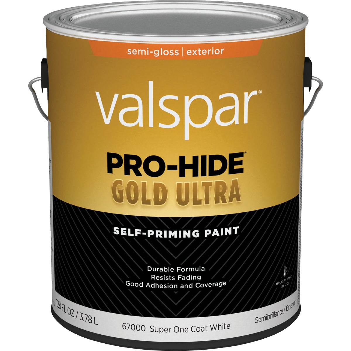 Valspar Pro-Hide Gold Ultra Latex Semi-Gloss Exterior House Paint, Super One-Coat White, 1 Gal.