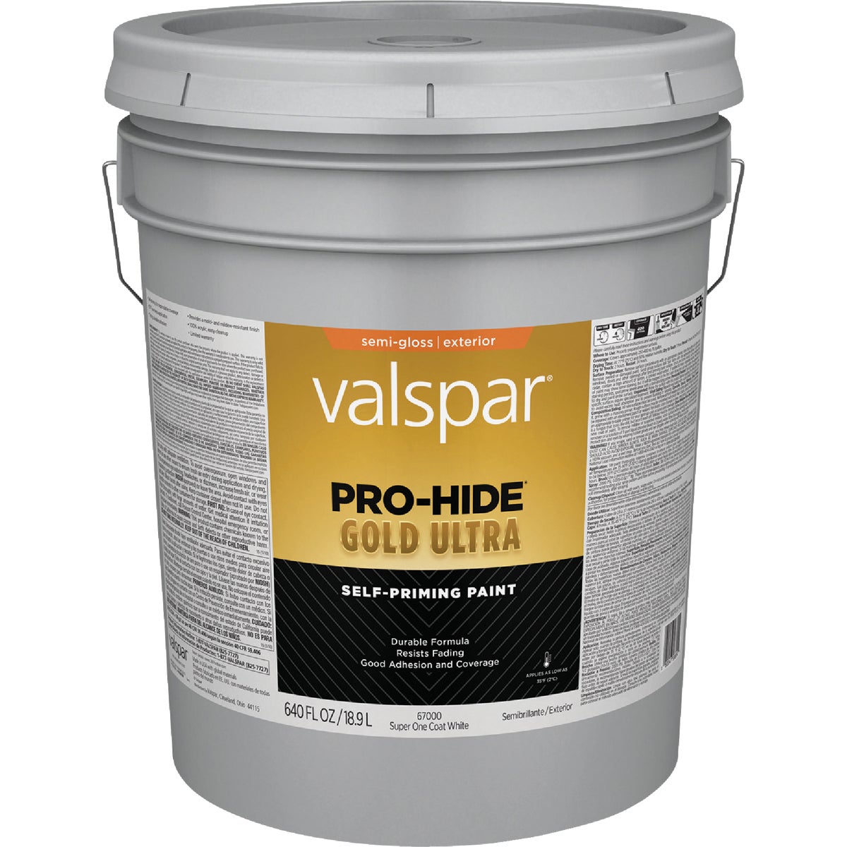 Valspar Pro-Hide Gold Ultra Latex Semi-Gloss Exterior House Paint, Super One-Coat White, 5 Gal.
