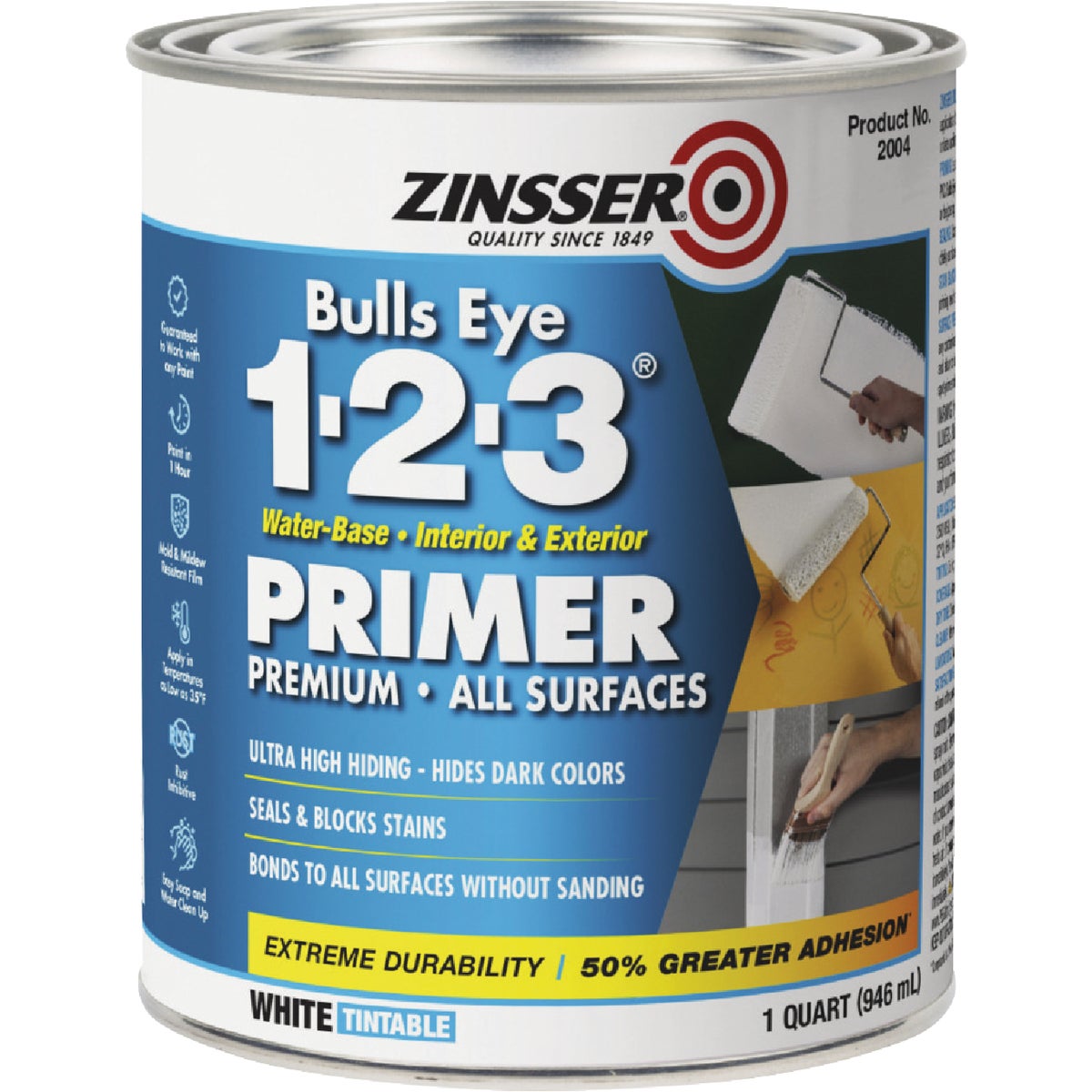 Zinsser Bulls Eye 1-2-3 Water-Base Interior/Exterior Stain Blocking Primer, White, 1 Qt.