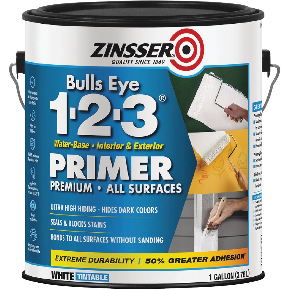 Zinsser Bulls Eye 1-2-3 Water-Base Interior/Exterior Stain Blocking Primer, White, 1 Gal.