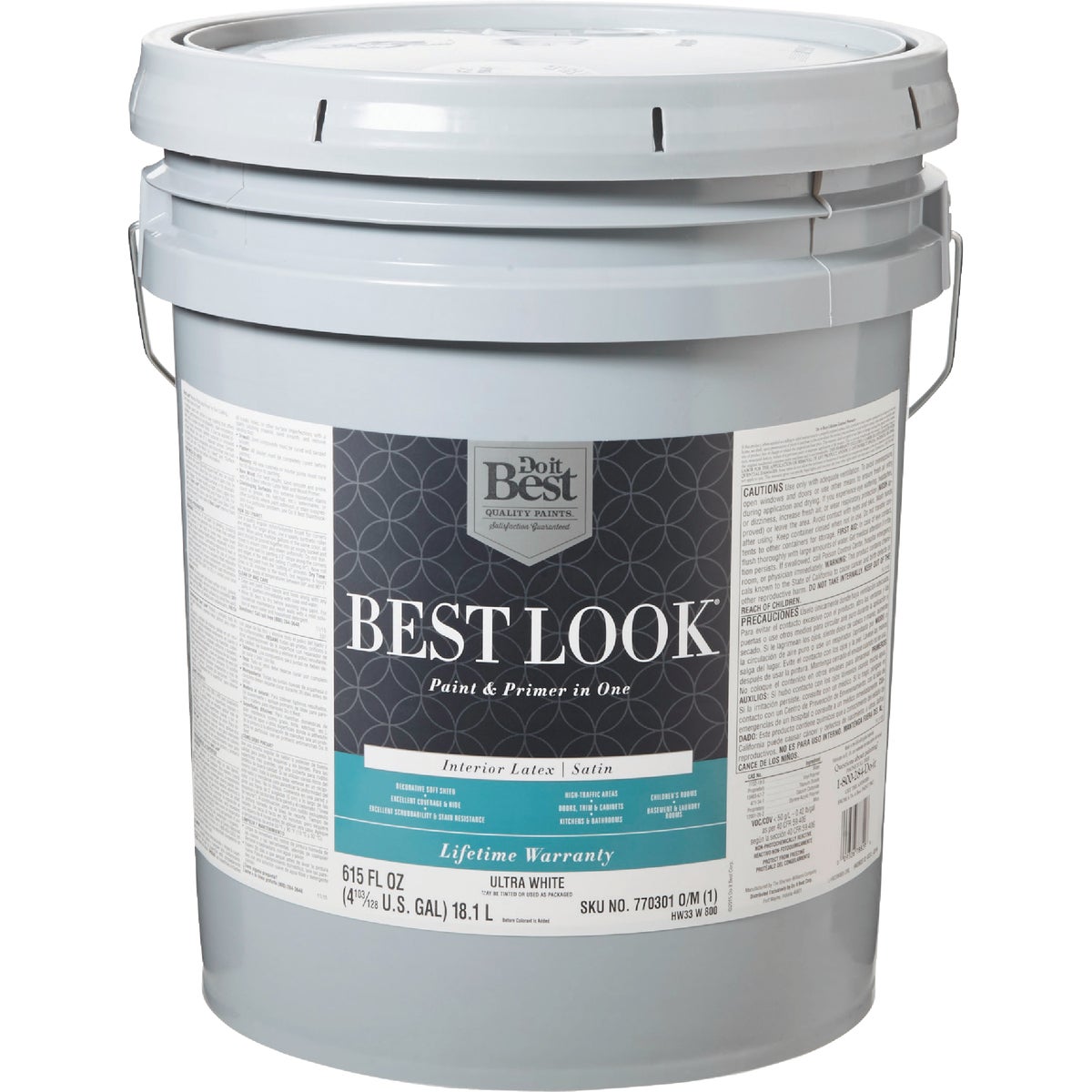 Best Look Latex Premium Paint & Primer In One Satin Interior Wall Paint, Ultra White, 5 Gal.