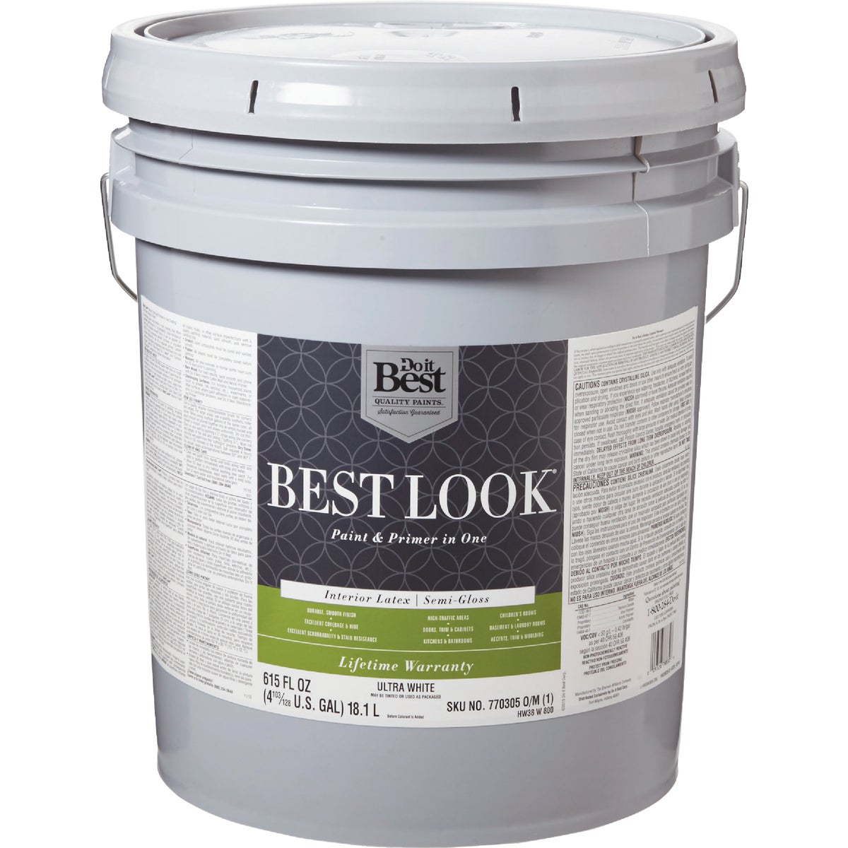 Best Look Latex Premium Paint & Primer In One Semi-Gloss Interior Wall Paint, Ultra White, 5 Gal.