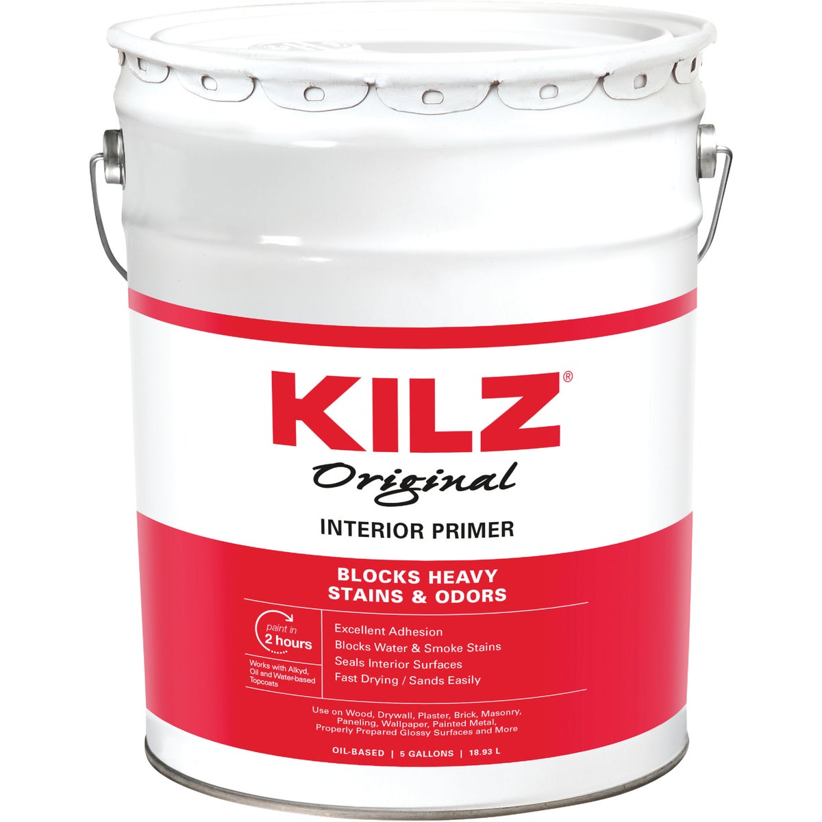 Kilz Original Oil-Based Low VOC Interior Primer Sealer Stainblocker, White, 5 Gal.