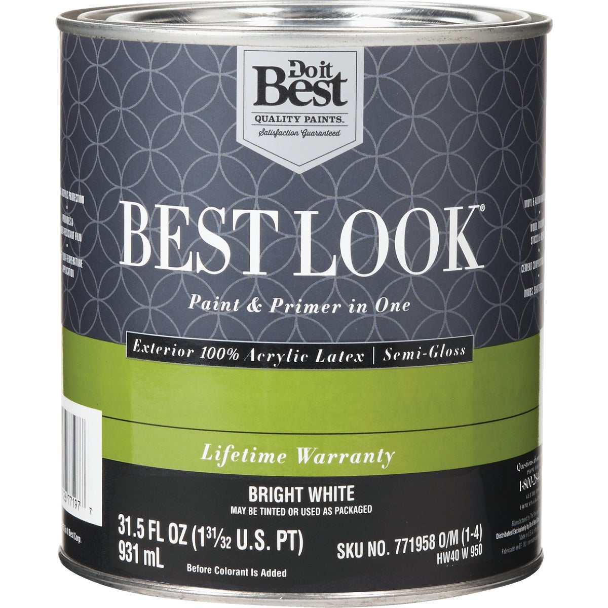 Best Look 100% Acrylic Latex Premium Paint & Primer In One Semi-Gloss Exterior House Paint, Bright White, 1 Qt.