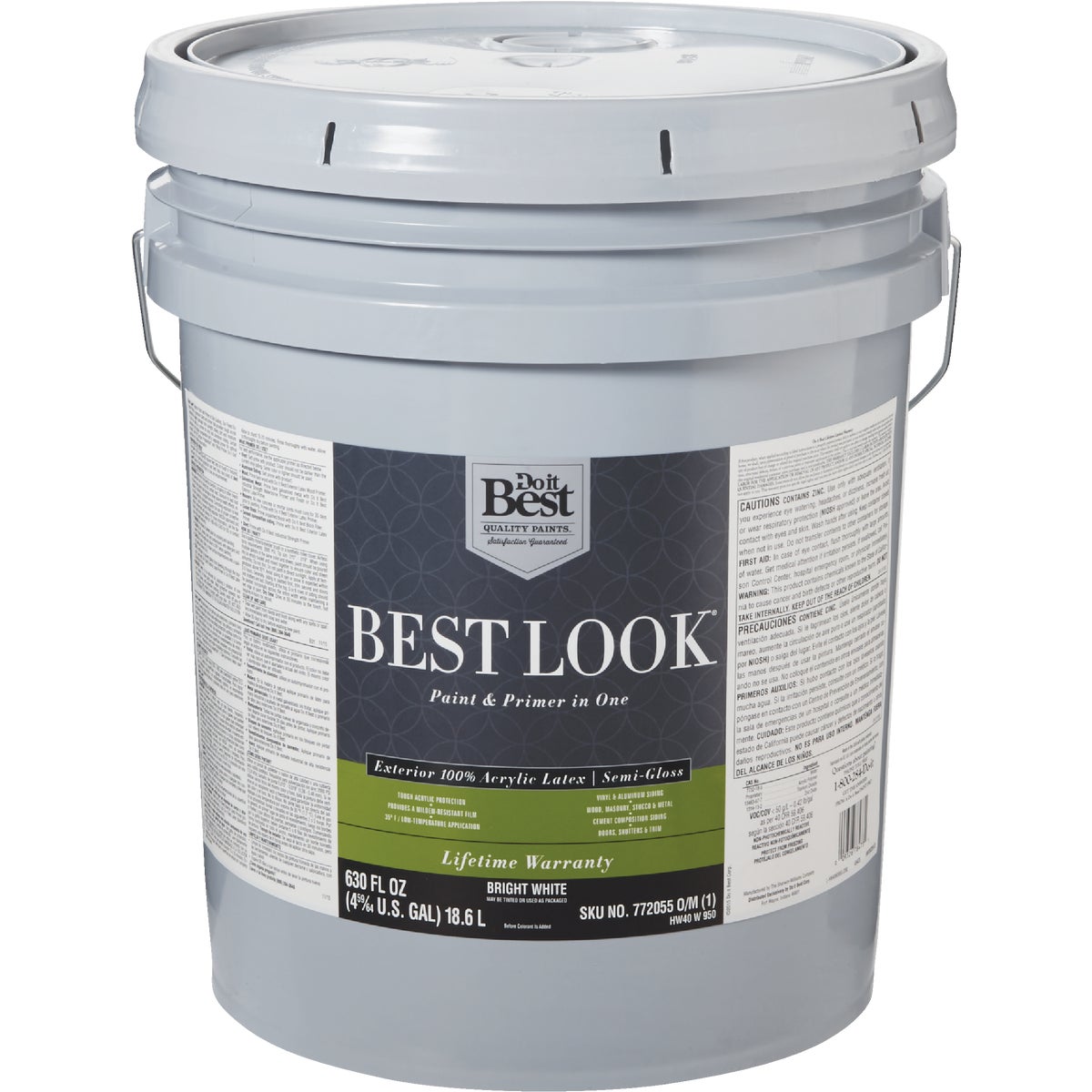Best Look 100% Acrylic Latex Premium Paint & Primer In One Semi-Gloss Exterior House Paint, Bright White, 5 Gal.