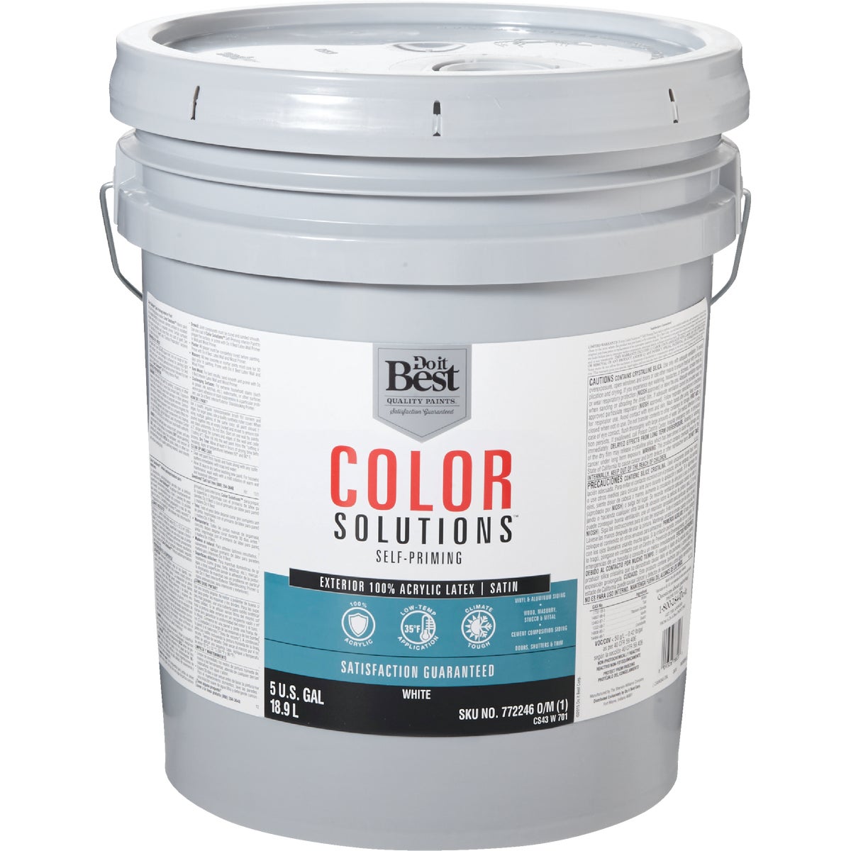 Do it Best Color Solutions 100% Acrylic Latex Self-Priming Satin Exterior House Paint, White, 5 Gal.