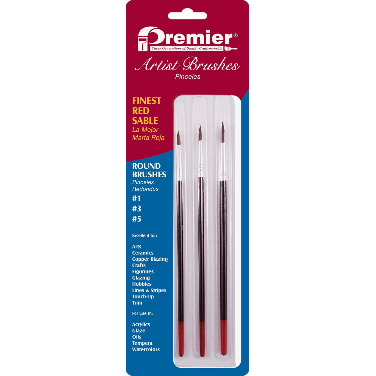 Premier Assorted Red Sable Round Artist Brushes (3-Pieces)