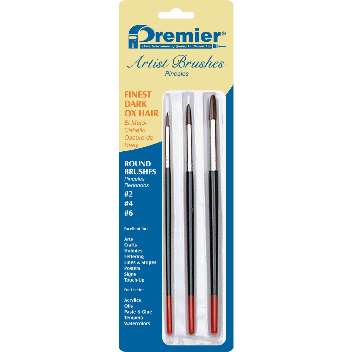 Premier Z-Pro Assorted Dark Ox Hair Round Artist Brushes (3 Pieces)