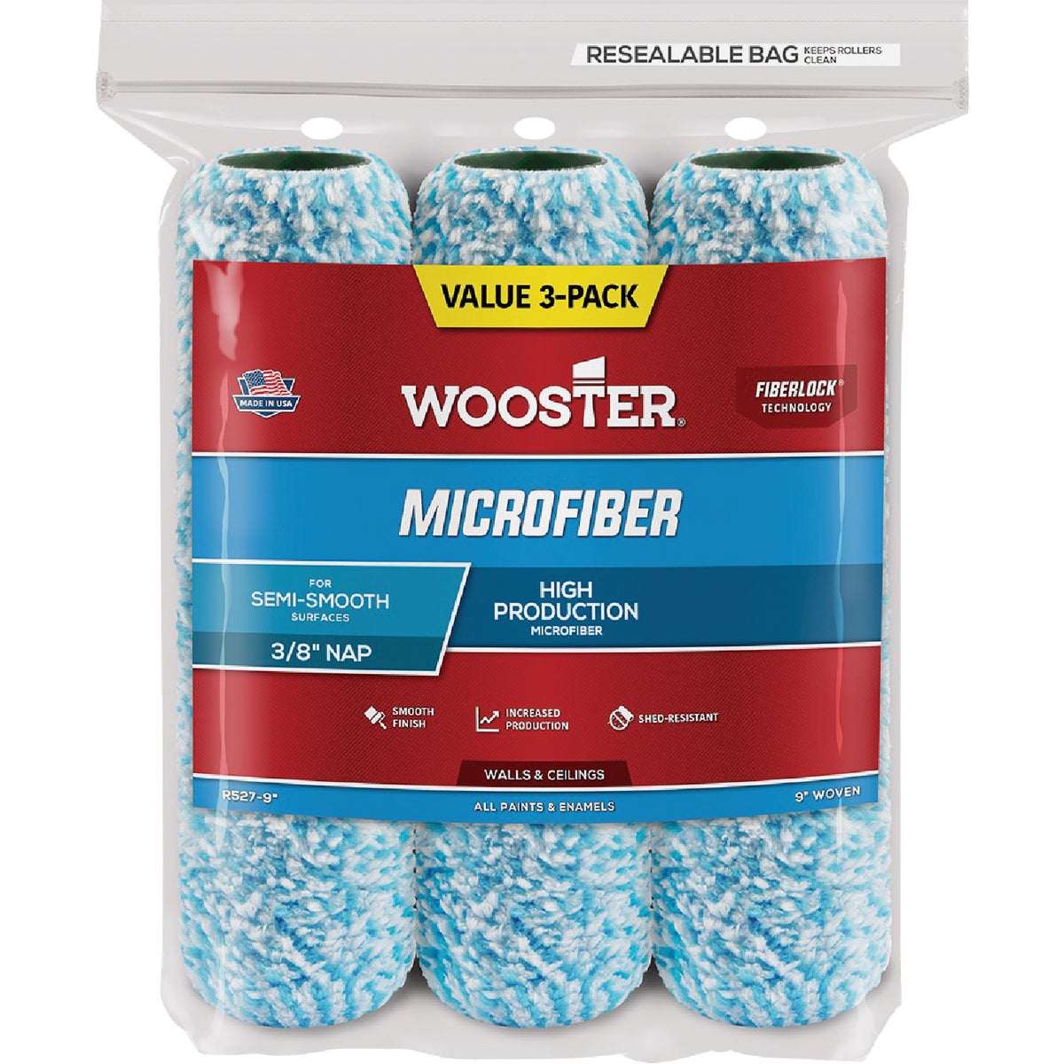 Wooster 9 In. x 3/8 In. Microfiber Roller Cover (3-Pack)
