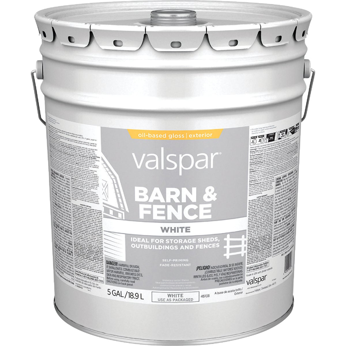 Valspar Oil Paint & Primer In One Low Sheen Barn & Fence Paint, White, 5 Gal.