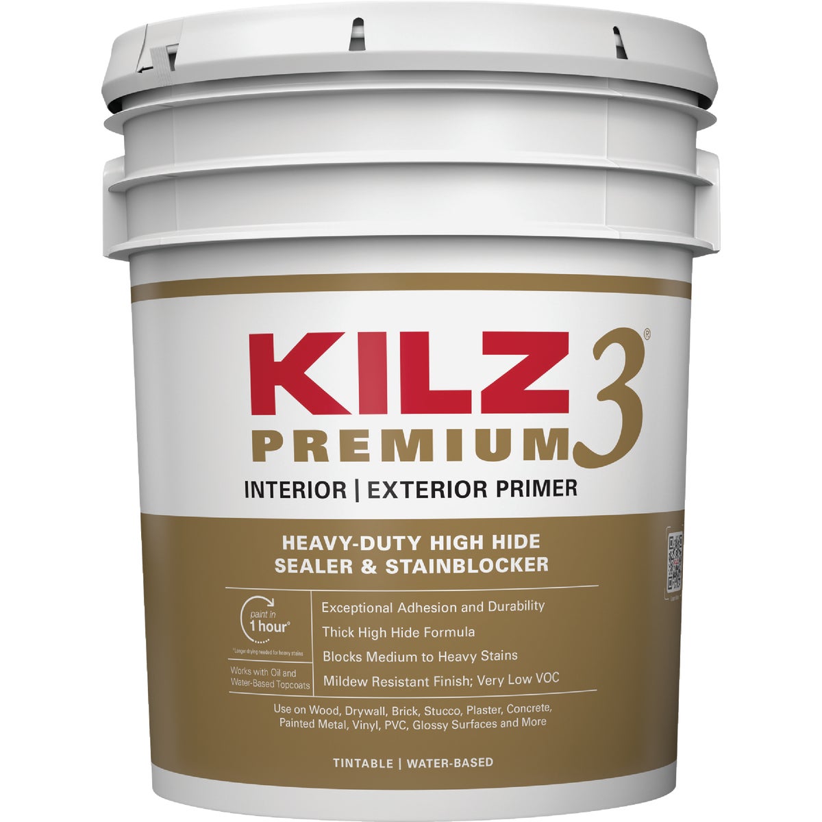 KILZ 3 Premium Water-Base Interior/Exterior Sealer Stain Blocking Primer, White, 5 Gal.