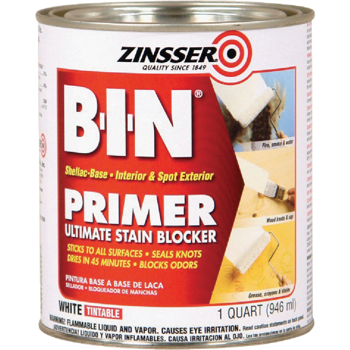 Zinsser B-I-N Shellac-Based Ultimate Stain Blocker Interior & Spot Exterior Primer, White, 1 Qt.