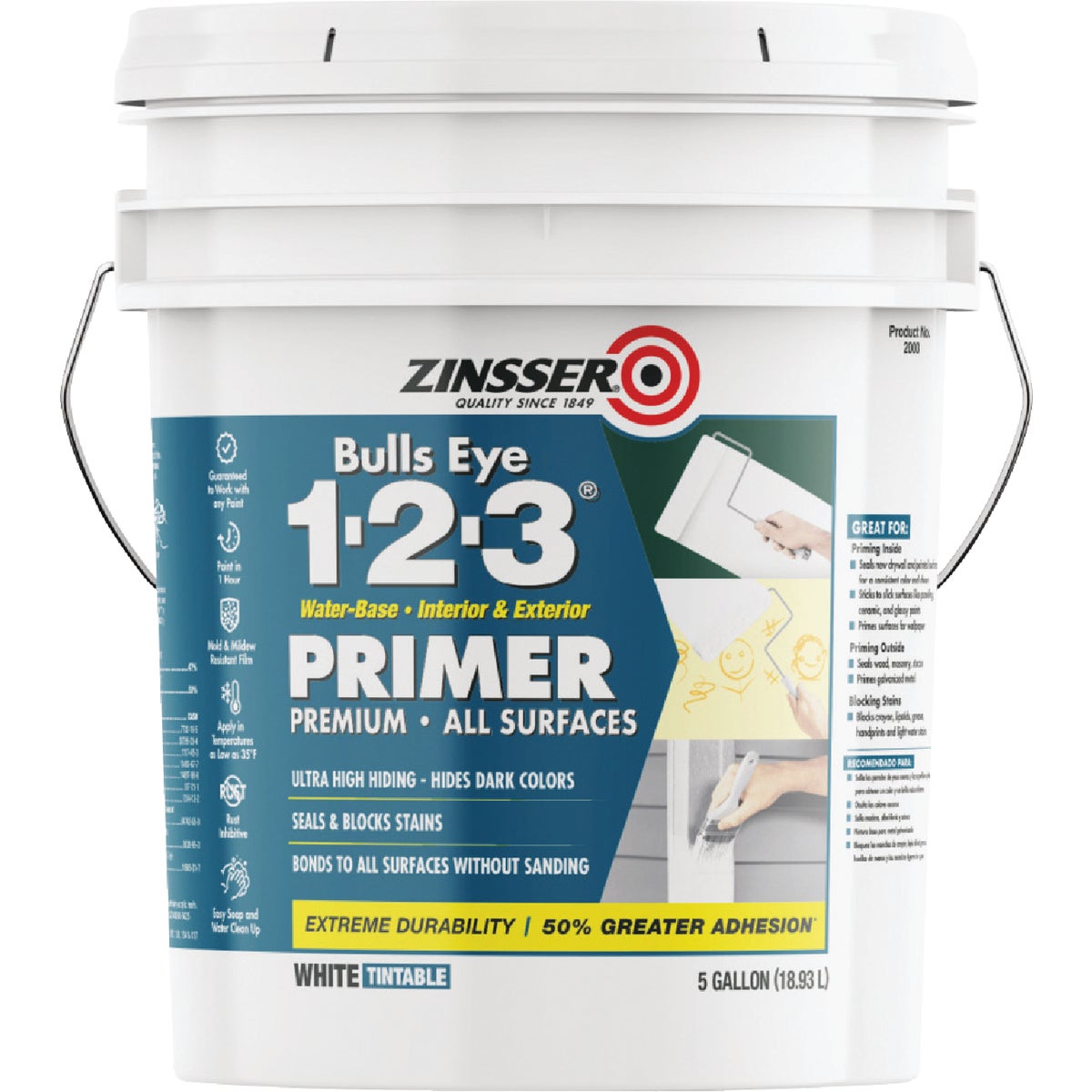 Zinsser Bulls Eye 1-2-3 Water-Base Interior/Exterior Stain Blocking Primer, White, 5 Gal.