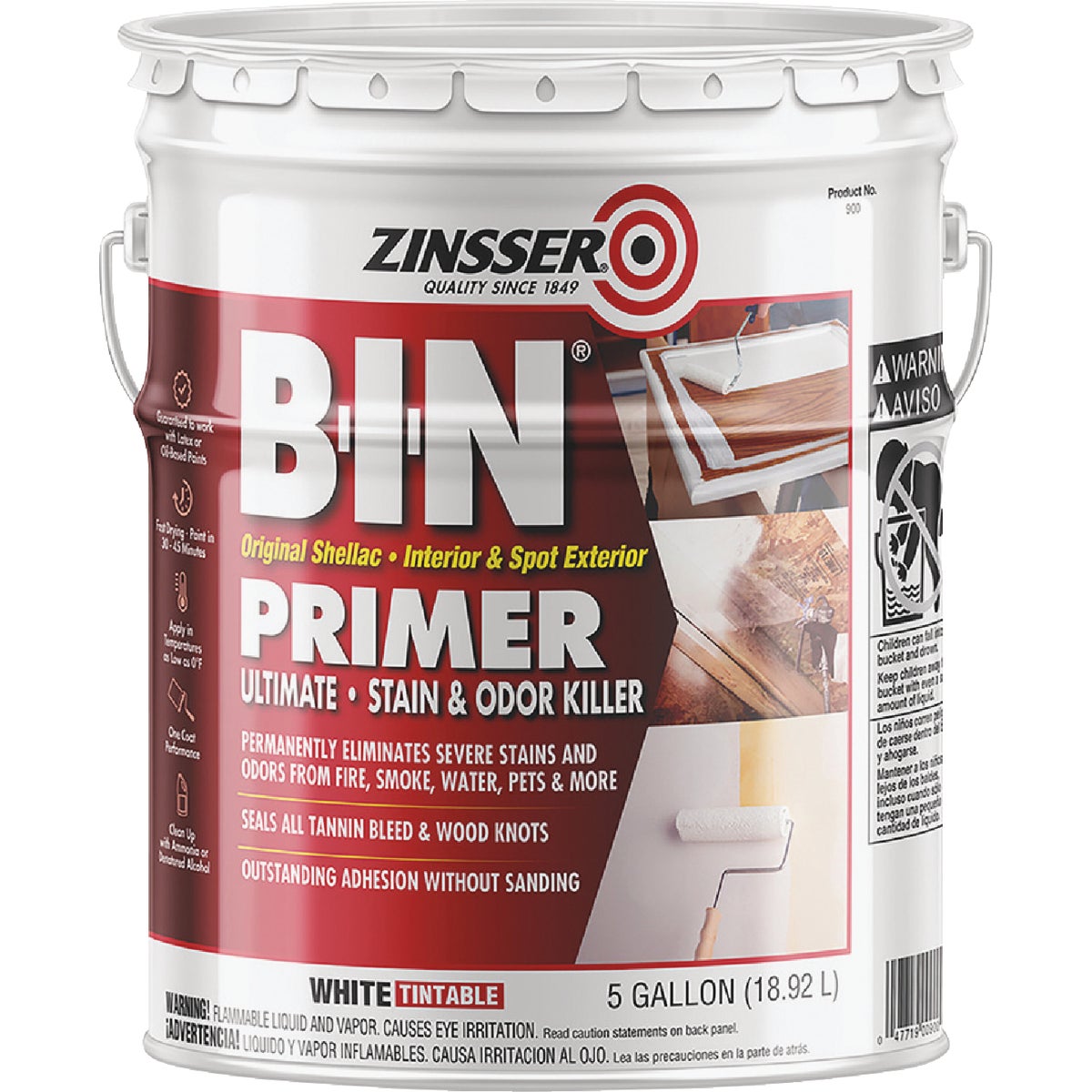 Zinsser B-I-N Shellac-Based Ultimate Stain Blocker Interior & Spot Exterior Primer, White, 5 Gal.