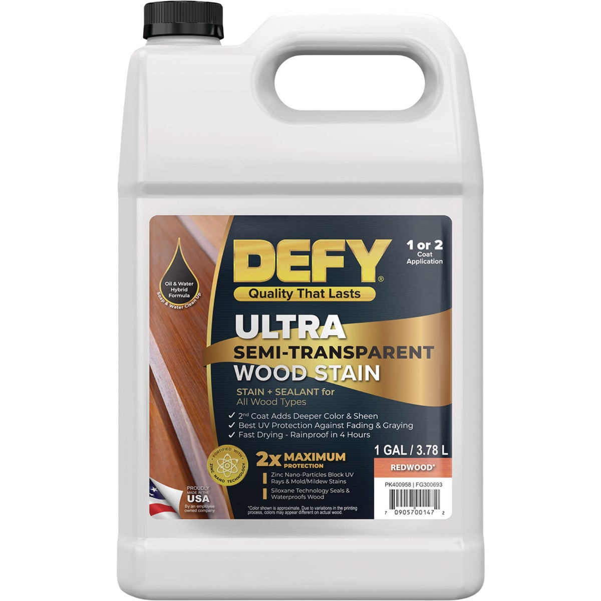 Defy Ultra-Semi-Transparent Wood Stain, Redwood, 1 Gal.