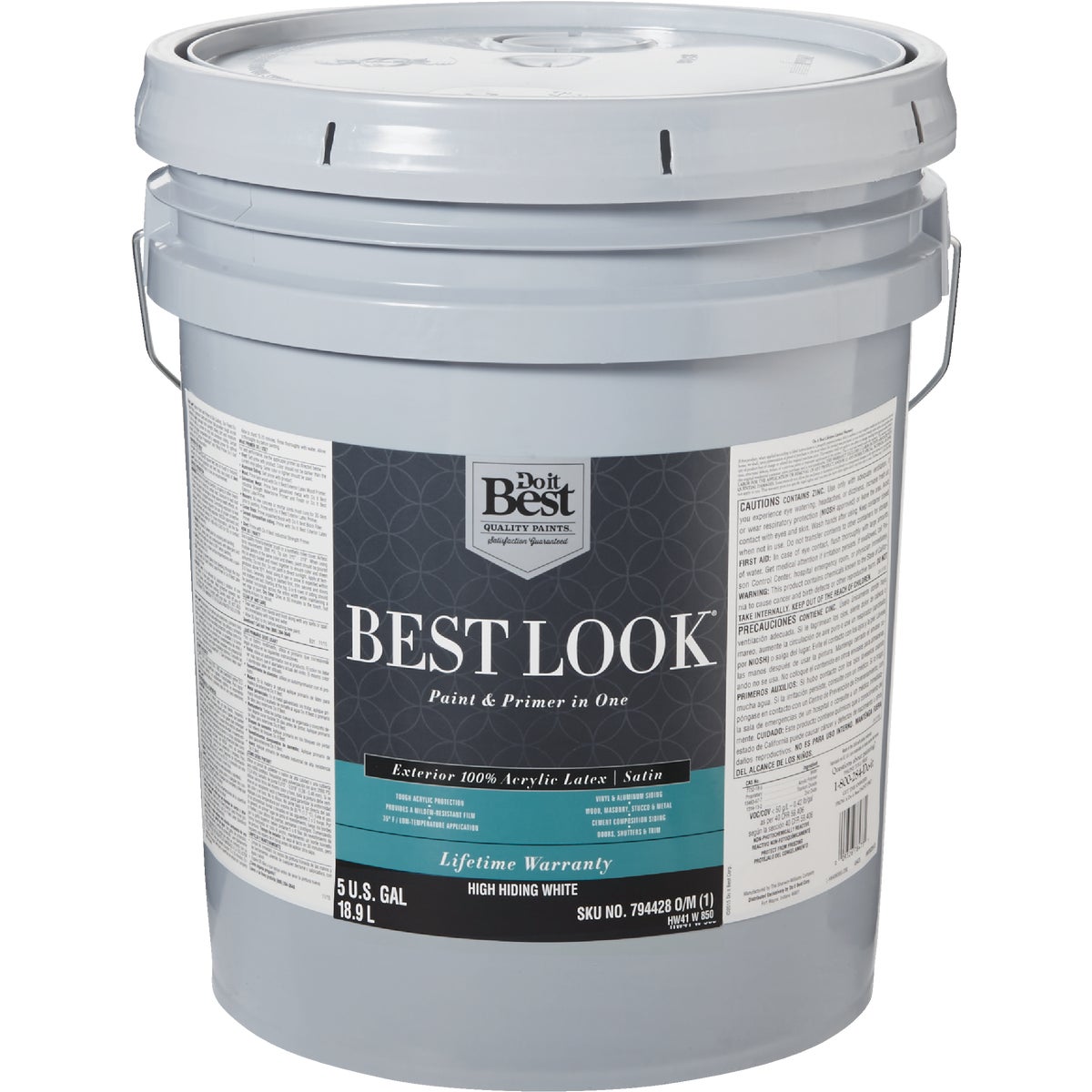 Best Look 100% Acrylic Latex Premium Paint & Primer In One Satin Exterior House Paint, High Hiding White, 5 Gal.